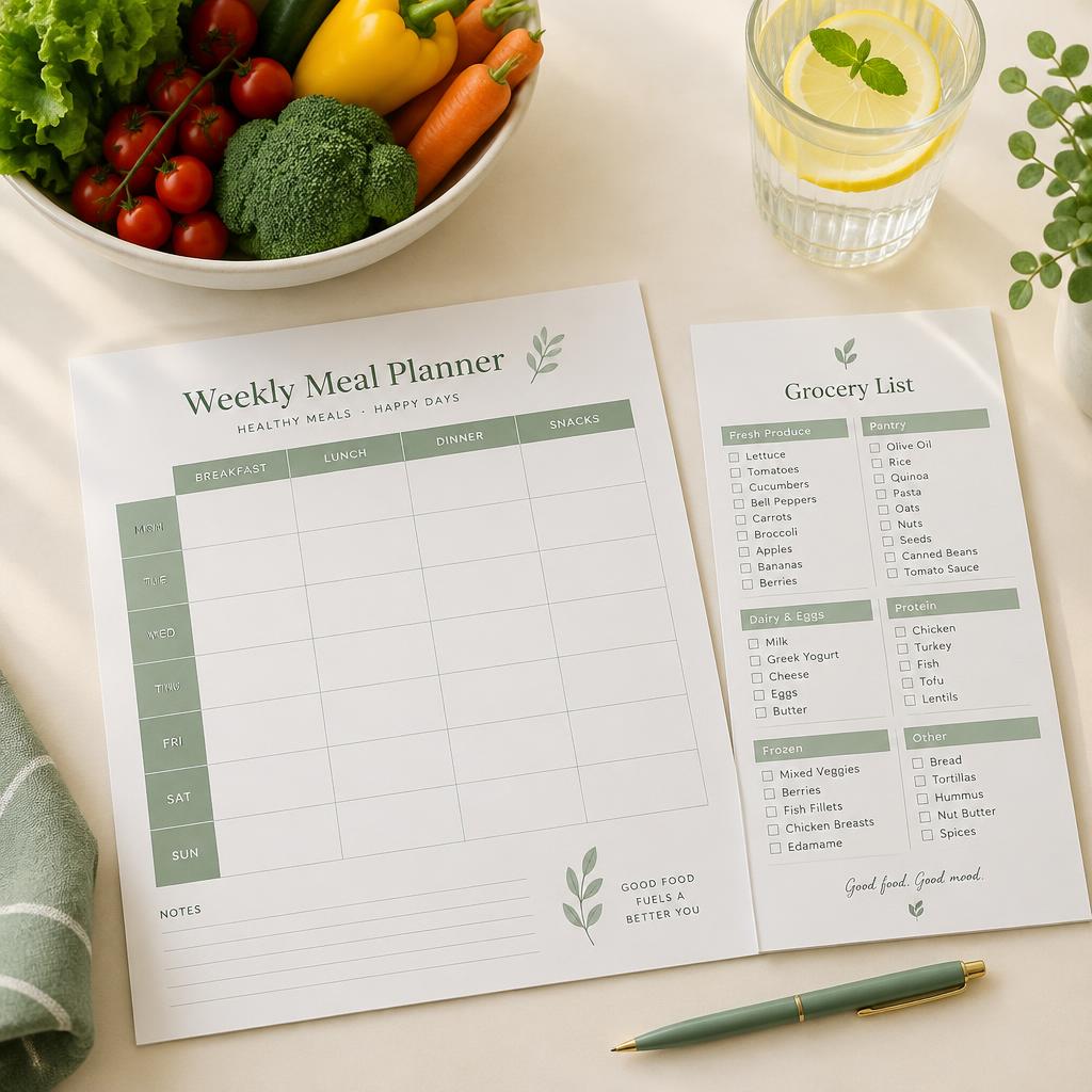 Printed weekly meal planner and grocery list beside fresh vegetables